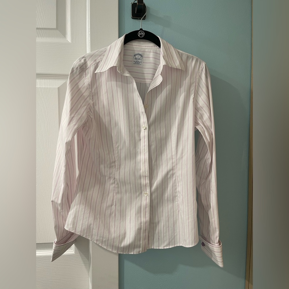 Brooks Brothers Womens Sz 2 White Purple Stripe Non-Iron French Cuff Dress Shirt